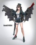  absurdres armor bangs bare_legs benelli_m1014 black_hair breasts buttons character_name cleavage clenched_hands closed_mouth coat commentary criss-cross_halter dw frown full_body girls_frontline gradient gradient_background gun hair_between_eyes hair_ornament halterneck hands_on_hips headphones heterochromia highres italian italian_flag large_breasts long_hair m1014 m1014_(girls_frontline) machinery partially_unbuttoned red_eyes shoes shotgun shotgun_shells sidelocks solo standing thigh_strap thighs weapon wide_sleeves x_hair_ornament yellow_eyes 