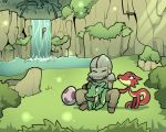  ambiguous_gender bush_(disambiguation) cliff egg grass green_scales group itsunknownanon knight kobold lake outside petting plate_armor red_scales reptile scales scalie sitting size_difference standing tree waterfall 