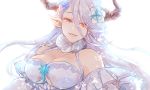  breasts detached_sleeves draph flower fur_collar granblue_fantasy hair_flower hair_ornament horns izmir kogitetuosero large_breasts mole mole_under_mouth pointy_ears red_eyes smile tears underboob white_background white_hair 