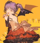  :d absurdres arm_belt back back_bow backless_dress backless_outfit bang_dream! bangs black_bow bow character_name claw_pose cross demon_wings detached_collar detached_sleeves dress fang frilled_dress frills hair_bow highres looking_at_viewer looking_back nail_polish open_mouth purple_hair red_dress red_eyes red_nails sash sidelocks smile socha_(sotyahamu) solo striped_sleeves twintails udagawa_ako v-shaped_eyebrows wings yellow_background 