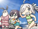  2girls ahoge animalization asashimo_(kantai_collection) ball beach beachball blue_sky brown_hair commentary_request dated day flip-flops glasses green_eyes hair_over_one_eye hamu_koutarou kantai_collection lifebuoy long_hair marine_day multiple_girls muscle okinami_(kantai_collection) outdoors ponytail rensouhou-chan sandals seal sharp_teeth shimakaze_(kantai_collection) shimakaze_(seal) short_hair silver_hair sky sunglasses swimsuit teeth whistle 
