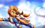  2018 ambiguous_gender brown_hair clothing cutie_mark darkhazard digital_media_(artwork) duo equine feathered_wings feathers featherweight_(mlp) feral flying friendship_is_magic hair hi_res mammal my_little_pony outside pegasus sky spitfire_(mlp) wings wonderbolts_(mlp) young 