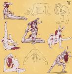  2018 absurd_res breasts butt exercise eyes_closed female fur hair hi_res lagomorph mammal mushbun navel nipples nude pussy rabbit rear_view red_hair sketch white_fur yoga 