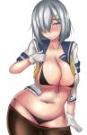  black_bra black_legwear black_panties blue_eyes blush bra breasts cleavage closed_mouth hair_ornament hair_over_one_eye hairclip hamakaze_(kantai_collection) heart heart-shaped_pupils kantai_collection large_breasts looking_at_viewer neckerchief open_clothes panties pantyhose plump sailor_collar school_uniform short_hair silver_hair simple_background smile string_panties symbol-shaped_pupils terakoya underwear undressing white_background 