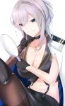  azur_lane bangs belt black_footwear black_gloves black_legwear black_skirt black_vest blue_eyes boots breasts choker cleavage closed_mouth collarbone cross cross_necklace elbow_gloves epaulettes eternity_(pixiv8012826) finger_to_cheek flying_sweatdrops gloves hair_between_eyes highres holding_mirror jacket jacket_on_shoulders jewelry large_breasts looking_at_mirror midriff military_jacket miniskirt mirror mole mole_on_breast navel necklace pantyhose pencil_skirt short_hair silver_hair single_elbow_glove sitting skirt solo suspender_skirt suspenders sweatdrop thigh_boots thighband_pantyhose thighhighs thighs vest washington_(azur_lane) white_jacket 