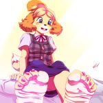  2017 5_toes animal_crossing anthro barefoot blonde_hair blue_eyes canine clothed clothing colored_nails dog feet female foot_focus fur hair isabelle_(animal_crossing) mammal multicolored_fur multicolored_hair nails nintendo open_mouth orange_hair pink_nails scamwich shih_tzu simple_background skirt smile soles solo teeth toes two_tone_fur two_tone_hair video_games white_fur yellow_fur 