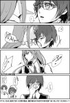  1girl 3boys comic couple darling_in_the_franxx futoshi_(darling_in_the_franxx) glasses greyscale hiro_(darling_in_the_franxx) long_hair military military_uniform monochrome multiple_boys necktie sakuragouti shorts speech_bubble translation_request uniform zero_two_(darling_in_the_franxx) zorome_(darling_in_the_franxx) 