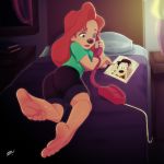  4_toes anthro barefoot canine clothed clothing disney dog ear_piercing feet female goof_troop hair long_hair mammal phone piercing red_hair roxanne_(goof_troop) scamwich smile soles solo toes 