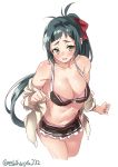  bare_shoulders bikini blush bow breasts commentary ebifurya green_eyes green_hair highres irako_(kantai_collection) kantai_collection large_breasts long_hair looking_at_viewer open_clothes open_mouth open_shirt ponytail red_bow shirt simple_background solo swimsuit twitter_username white_background white_shirt 