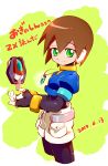  2017 aile bangs bodystocking bracelet brown_hair closed_mouth cowboy_shot cropped_jacket cropped_legs dated gloves green_eyes hair_between_eyes jewelry kon_(kin219) light_smile livemetal looking_at_viewer looking_to_the_side model_z pendant pocket puffy_short_sleeves puffy_sleeves robot_ears rockman rockman_zx short_hair short_shorts short_sleeves shorts solo standing white_shorts 