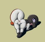  anthro anus butt female leaning leaning_forward looking_back nintendo open_mouth pok&eacute;mon pok&eacute;mon_(species) purple_eyes pussy raised_tail reptile salandit scalie simple_background smile solo tan_background tongue video_games vono 