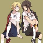  2girls bangs black_jacket blonde_hair blue_eyes braid brown_eyes brown_hair closed_mouth commentary_request darjeeling england english_flag facepaint german_flag germany girls_und_panzer jacket looking_at_another multiple_girls nishizumi_maho red_jacket ree_(re-19) short_hair simple_background sitting soccer soccer_uniform sportswear tied_hair twin_braids world_cup wristband 