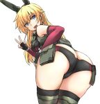  alice_gear_aegis animal_ears ass belt_pouch black_gloves blonde_hair blue_eyes bunny_ears butt_crack commentary detached_sleeves dutch_angle eyebrows_visible_through_hair fingerless_gloves from_behind from_below gloves hair_between_eyes highres long_hair looking_back okutama_tarou pouch simple_background smile solo thighhighs thighs v virginia_glynnberets white_background 