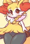  anthro bottomless braixen breasts clothed clothing female fur nintendo orange_fur pixpet pok&eacute;mon pok&eacute;mon_(species) pussy simple_background small_breasts stick video_games yellow_background yellow_fur 