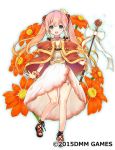  :d bare_legs blue_eyes bow commentary_request crown dress flower flower_knight_girl full_body gradient_hair holding holding_wand long_hair looking_at_viewer mini_crown multicolored_hair object_namesake official_art open_mouth orange_hair pink_hair sandals simple_background smile solo standing standing_on_one_leg tenmitsu_yuka tithonia_(flower_knight_girl) twintails wand white_background white_bow white_dress 