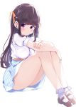  arms_on_knees bangs bare_legs black_hair blunt_bangs blush breasts brown_footwear casual chikuwa. closed_mouth commentary_request eyebrows_visible_through_hair full_body hair_ribbon highres knees_up legs_together long_hair mary_janes medium_breasts original puffy_short_sleeves puffy_sleeves purple_eyes ribbon shirt_tucked_in shoes short_sleeves simple_background sitting skirt socks solo striped striped_skirt thighs vertical_stripes white_background white_legwear yellow_ribbon 