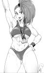  1girl abs absurdres arm_up armpits ass_visible_through_thighs bald bandaid bandaid_on_cheek bare_shoulders biceps blush breasts buruma captain_mizuki commentary_request covered_nipples cowboy_shot eyebrows_visible_through_hair eyes_visible_through_hair greyscale groin hand_on_hip highres long_hair looking_at_viewer medal medium_breasts minakami_(flyingman555) monochrome muscle muscular_female navel one-punch_man open_mouth ponytail saitama_(one-punch_man) simple_background smile solo_focus sports_bra standing sweat toned underboob white_background wristband 