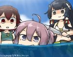  ahoge aoba_(kantai_collection) baseball_bat bikini black_hair blue_scrunchie camera commentary_request crescent crescent_moon_pin dated gradient_hair hair_ribbon hair_tubes hamu_koutarou kantai_collection long_hair mizuho_(kantai_collection) multicolored_hair multiple_girls mutsuki_(kantai_collection) ocean partially_submerged partially_underwater_shot ponytail purple_hair red_hair ribbon sarong scrunchie shaded_face short_hair sidelocks sweat swimsuit very_long_hair 