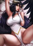  albedo arm_up armpits artist_name black_hair black_wings blurry_foreground breasts cleavage dandon_fuga demon_horns detached_collar dress feathered_wings gloves hair_between_eyes horns large_breasts lips long_hair looking_at_viewer low_wings lying no_panties on_back overlord_(maruyama) parted_lips pelvic_curtain slit_pupils solo spread_legs white_dress white_gloves wings yellow_eyes 