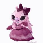  2018 alien angel_(lilo_and_stitch) antennae blue_mouth blue_tongue chest_markings clothed clothing dipstick_ears disney dress ears_down experiment_(species) eyelashes female gloves hair_bow hair_ribbon kurokuma824 lilo_and_stitch looking_aside markings open_mouth open_smile pink_nose purple_eyes ribbons simple_background smile solo white_background 