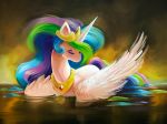  2017 crown equine eyelashes eyes_closed eyeshadow feathers female feral friendship_is_magic glowing_horn hair horn long_hair magic makeup mammal mascara multicolored_hair my_little_pony nude oil_painting painting_(artwork) portrait princess_celestia_(mlp) rainbow_hair royalty solo traditional_media_(artwork) tsaoshin water wet white_feathers winged_unicorn wings 