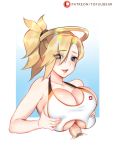  artist_name blonde_hair blue_eyes blush breast_squeeze breasts eyebrows_visible_through_hair eyes_visible_through_hair flag_print halterneck high_ponytail huge_breasts looking_down mechanical_halo mercy_(overwatch) open_mouth overwatch paizuri paizuri_under_clothes patreon_logo penis smile solo_focus swiss_flag tofuubear tongue tongue_out upper_body 