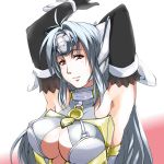  absurdres android armpits blue_hair breasts cleavage commentary_request cyborg forehead_protector highres kos-mos large_breasts long_hair red_eyes saruanu solo xenosaga 