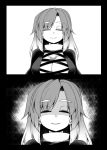  2koma aura breasts closed_mouth comic commentary_request dark_aura dress eyebrows eyebrows_visible_through_hair face gradient_hair greyscale hijiri_byakuren horror_(theme) huge_breasts layered_dress long_hair monochrome multicolored_hair narrowed_eyes pov silent_comic smile touhou turtleneck upper_body zetsumame 