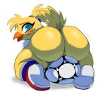  2018 absurd_res anthro avian ball beak big_butt bird blue_eyes blush butt chicken clothing digital_media_(artwork) ettie feathers female fifa footwear hi_res huge_butt looking_at_viewer looking_back open_beak open_mouth presenting presenting_hindquarters presenting_pussy pussy simple_background soccer_ball solo sssonic2 sweat sweatdrop thick_thighs white_background yellow_feathers 