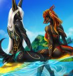  2018 anthro bikini black_nose blonde_hair breasts canine clothed clothing day digital_media_(artwork) duo elvofirida female fin fish hair horn mammal marine outside partially_submerged red_hair shark sitting sky swimsuit white_hair 