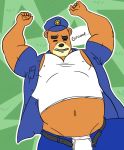  5_fingers animal_crossing anthro anthrofied bar2013 barazoku bear belly belt biceps biped black_nose blush brown_body bulge clenched_teeth clothing dialogue digital_drawing_(artwork) digital_media_(artwork) english_text eyebrows facial_hair front_view frown green_background half-length_portrait hat humanoid_hands jacket kemono luigiman lying male mammal moan musclechub muscular muscular_male navel nintendo nipple_bulge on_back open_clothing open_jacket outline overweight overweight_male pants pecs police_hat police_uniform portrait raised_arm raised_eyebrow shirt simple_background solo squint tan_body tank_top teddy_(animal_crossing) teeth text thick_eyebrows two_tone_body unbuckled underwear uniform video_games 