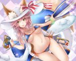  :d akatsuki_hijiri alternate_costume animal_ear_fluff animal_ears bangle bangs beach_umbrella bikini blue_bikini blush bracelet breasts bubble cleavage commentary_request fate/grand_order fate_(series) fox_ears fox_tail groin hat holding holding_footwear holding_umbrella innertube jewelry large_breasts long_hair looking_at_viewer lying navel necklace open_mouth pink_hair sandals side-tie_bikini sidelocks smile solo sparkle stomach sun_hat swimsuit tail tamamo_(fate)_(all) tamamo_no_mae_(fate) tamamo_no_mae_(swimsuit_lancer)_(fate) thighs towel towel_around_neck umbrella yellow_eyes 