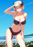  ass_visible_through_thighs azur_lane baiyin bangs bikini blonde_hair blue_sky breasts brown_eyes cameltoe cleavage closed_mouth collarbone day eyebrows_visible_through_hair hair_between_eyes hand_on_own_thigh hand_up head_tilt headgear highres iron_cross large_breasts long_sleeves looking_at_viewer multicolored_hair navel ocean outdoors red_hair roon_(azur_lane) shaded_face short_hair skindentation sky smile solo stomach streaked_hair swimsuit waves 