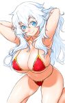 arms_behind_head arms_up artemis_(fate/grand_order) bangs bare_shoulders bikini blue_eyes breasts cleavage closed_mouth commentary_request eyebrows_visible_through_hair fate/grand_order fate_(series) kneeling large_breasts long_hair looking_at_viewer navel onsoku_maru red_bikini silver_hair simple_background smile solo swimsuit white_background 