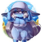  big_breasts blue_skin breasts cleavage clothed clothing fangs female forastero hat humanoid league_of_legends mammal poppy_(lol) purple_eyes pussy riot_games short_stack solo sweat thick_thighs video_games yordle 