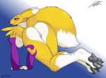  2018 all_fours armwear black_sclera blue_eyes blush breasts bridal_gauntlets butt claws clothing digimon female fluffy gradient_background jeffthehusky long_tail lying markings nipples paws pose presenting presenting_hindquarters pussy renamon simple_background smile solo teasing tongue tongue_out 