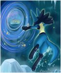  2008 3_fingers 3_toes ambiguous_gender anthro aonik blue_fur border digital_drawing_(artwork) digital_media_(artwork) eyes_closed floating fur lucario nintendo pok&eacute;mon pok&eacute;mon_(species) portal solo spikes toes tree video_games white_border yellow_fur 