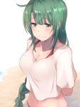  arms_behind_back beach beige_shirt bikini bikini_under_clothes blurry braid breasts brown_bikini cleavage commentary_request depth_of_field dyson_(edaokunnsaikouya) green_eyes green_hair highres kantai_collection long_hair looking_at_viewer medium_breasts mole mole_under_mouth navel single_braid smile solo swimsuit swimsuit_under_clothes upper_body very_long_hair yuugumo_(kantai_collection) 