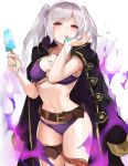  bikini cape dark_persona evil_smile female_my_unit_(fire_emblem:_kakusei) fire_emblem fire_emblem:_kakusei fire_emblem_heroes food gimurei gloves hood ice_cream long_hair looking_at_viewer my_unit_(fire_emblem:_kakusei) navel ormille red_eyes robe smile solo swimsuit twintails white_hair 