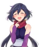  ^_^ ayame_(gundam_build_divers) bangs black_hair breasts closed_eyes commentary_request elbow_gloves fingerless_gloves gloves gundam gundam_build_divers hair_ornament happy honda_naoki japanese_clothes kimono long_hair low_ponytail mask_pull medium_breasts ninja no_mask open_mouth red_scarf scarf shiny shiny_hair shiny_skin short_kimono sleeveless sleeveless_kimono smile solo split_ponytail spoilers tears 