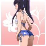  ass blue_ribbon blue_shorts blush breasts cowboy_shot from_behind hair_ribbon heartcatch_precure! highres kakkii leaning_forward long_hair micro_shorts ponytail precure purple_hair ribbon see-through shiny shiny_clothes shorts sidelocks small_breasts solo standing tsukikage_yuri underboob 