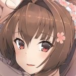  arm_pillow blush brown_eyes brown_hair close-up flower grey_sweater hair_flower hair_intakes hair_ornament kantai_collection kochipu long_hair long_sleeves looking_at_viewer lying on_side parted_lips ponytail ribbed_sweater solo sweater yamato_(kantai_collection) 