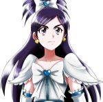  bangs bow bowtie brown_eyes collarbone cure_white detached_sleeves earrings futari_wa_precure hair_bow heart heart_earrings jewelry kakkii long_hair parted_bangs ponytail precure purple_hair shiny shiny_hair simple_background solo upper_body very_long_hair white_background white_bow yukishiro_honoka 