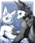  ... ? anthro biped black_fur blue_eyes blush canine changed_(video_game) duo fluffy fur goo_creature hi_res ivan-jhang lin_(changed) male mammal monster nude petting puro_(changed) rubber simple_background text translated white_fur wolf 