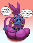  anthro beerus big_butt butt cat clothed clothing dragon_ball dragon_ball_super ear_piercing feline hicanyoumooforme huge_butt jewelry looking_at_viewer looking_back male mammal necklace piercing purple_skin solo swimsuit 