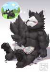  anthro biped black_fur blush book canine changed_(video_game) daydream dream eyes_closed fluffy fur goo_creature male mammal monster muscular muscular_male nude paws puro_(changed) rubber simple_background sitting solo taki(塔吉風) white_background wolf 