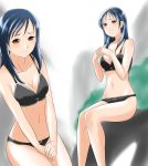  bangs bikini black_bikini blue_hair breasts brown_eyes cleavage collarbone dark_blue_hair groin highres kakkii long_hair medium_breasts navel original shiny shiny_skin sitting solo swept_bangs swimsuit 