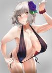  absurdres arm_up armpits bare_shoulders black_swimsuit blue_flower blue_rose blush breasts cleavage clenched_teeth collarbone commentary fate/grand_order fate_(series) flower fujitsubo_(hujitubo0731) grey_background hair_flower hair_ornament hand_on_hip hand_up highres hips huge_breasts jeanne_d'arc_(alter)_(fate) jeanne_d'arc_(fate)_(all) leaning_forward looking_to_the_side navel purple_swimsuit rose scrunchie shiny shiny_skin short_hair side-tie_swimsuit silver_hair simple_background slingshot_swimsuit standing swimsuit teeth thighs wrist_scrunchie yellow_eyes 