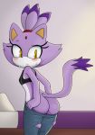  2018 anthro bed big_butt blaze_the_cat blush butt cat clothed clothing digital_media_(artwork) dipstick_tail eyelashes feline female fur hair hearlesssoul hi_res inside jeans looking_back mammal multicolored_fur multicolored_tail pants pillow purple_fur signature solo sonic_(series) standing sweat torn_clothing undressing video_games white_fur yellow_eyes 