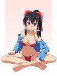  :d bare_shoulders barefoot bikini black_hair blue_jacket bow breasts cato_(monocatienus) cleavage commentary_request full_body gradient gradient_background hair_between_eyes hair_bow hair_tubes hakurei_reimu hand_on_own_leg indian_style jacket long_hair looking_at_viewer medium_breasts navel off_shoulder open_mouth ponytail purple_eyes red_bikini simple_background sitting smile solo stomach swimsuit touhou 